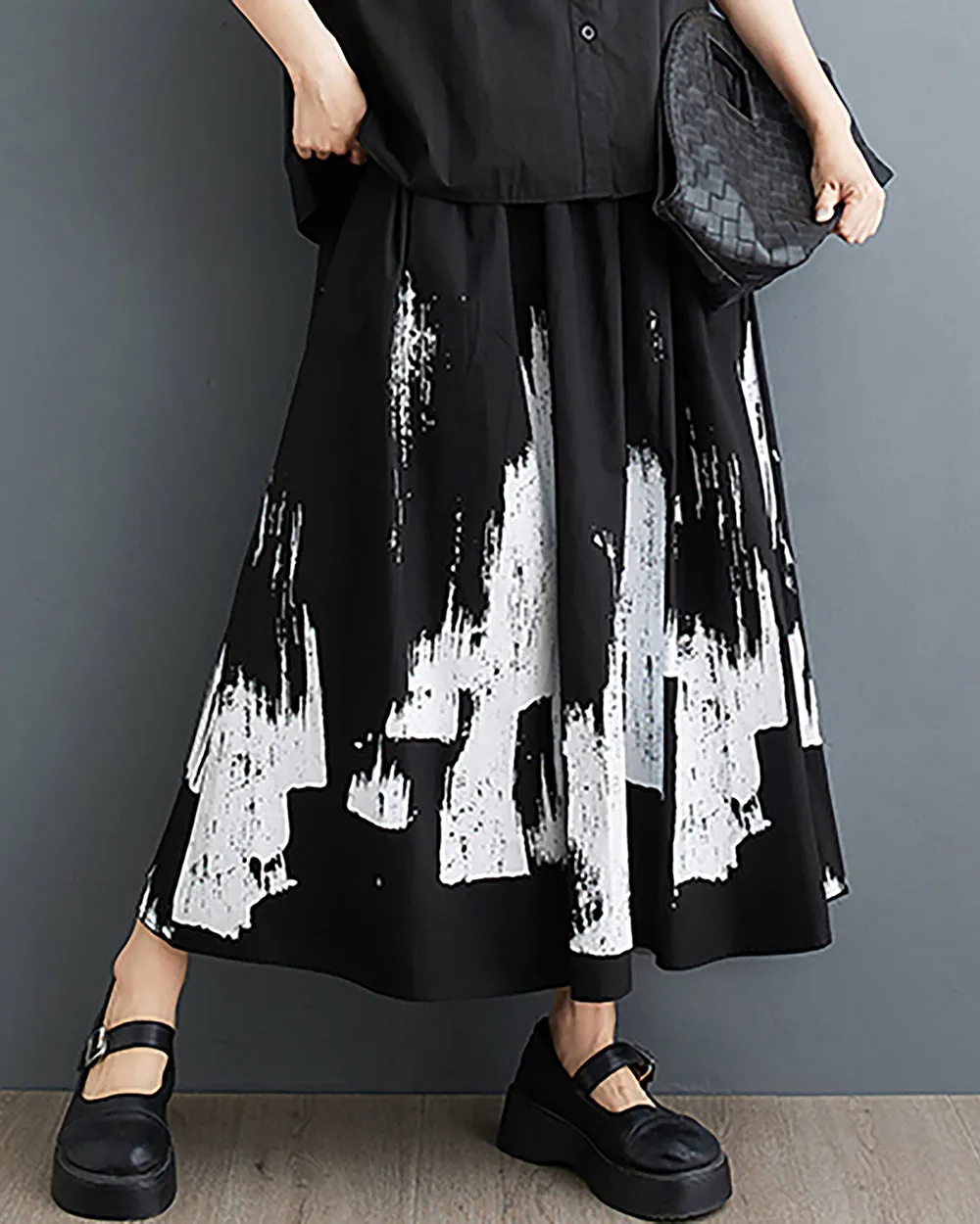 ellazhu Women's Skirt Wide Legs Black White Print Pockets Loose Oversize Flowy Hem Summer GZ233