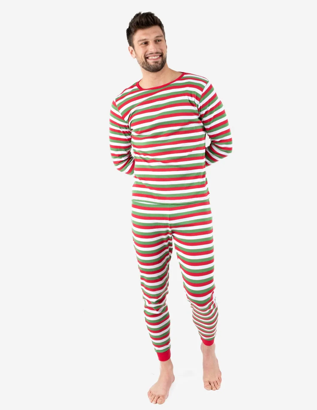 Mens Red White & Green Stripes Two Piece Cotton Pajamas