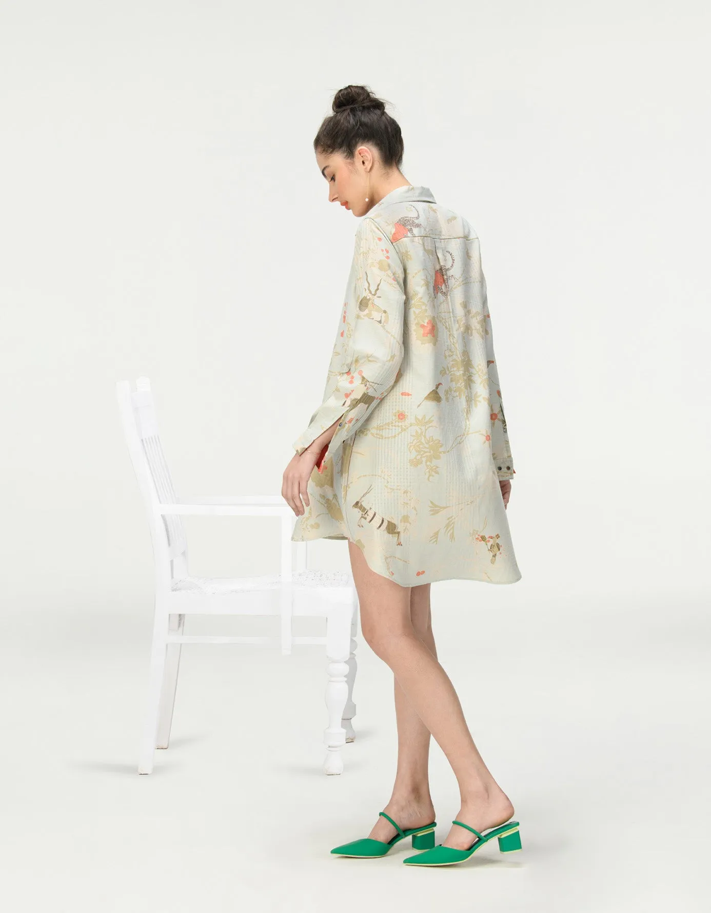 Oversized Shirt Cotton Silk Check Ice Blue