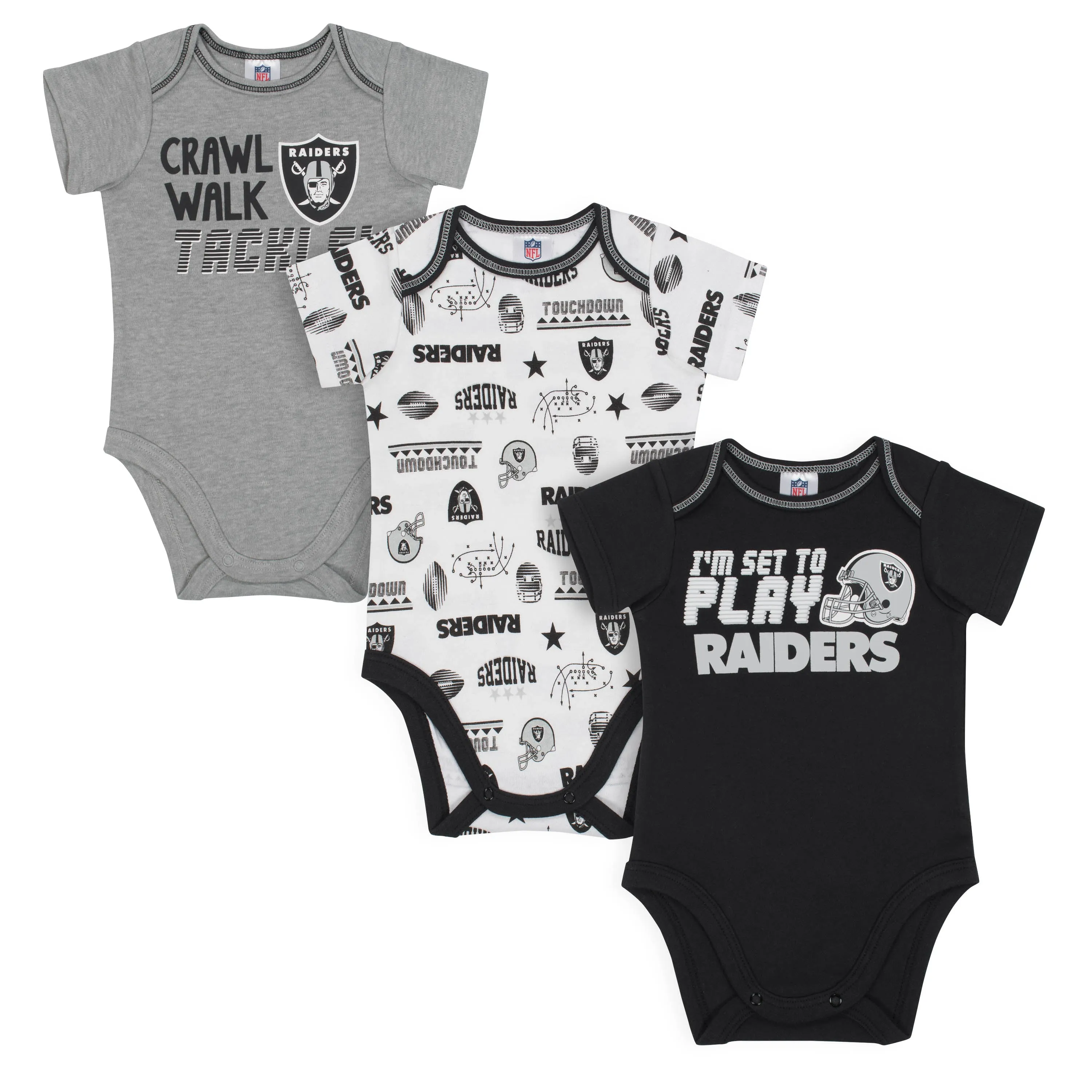 Raiders All Set To Play 3 Pack Short Sleeved Onesies Bodysuits