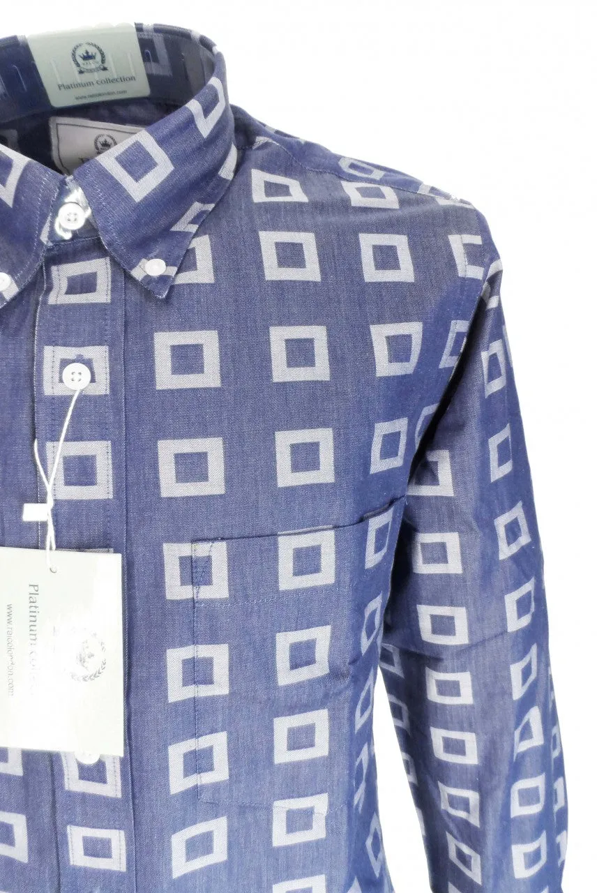 Relco Mens Platinum Navy Squares  Cotton Long Sleeved Button Down Shirts