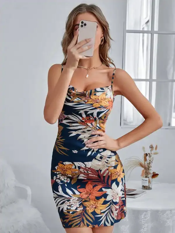 Women’s satin retro printed slim camisole dress